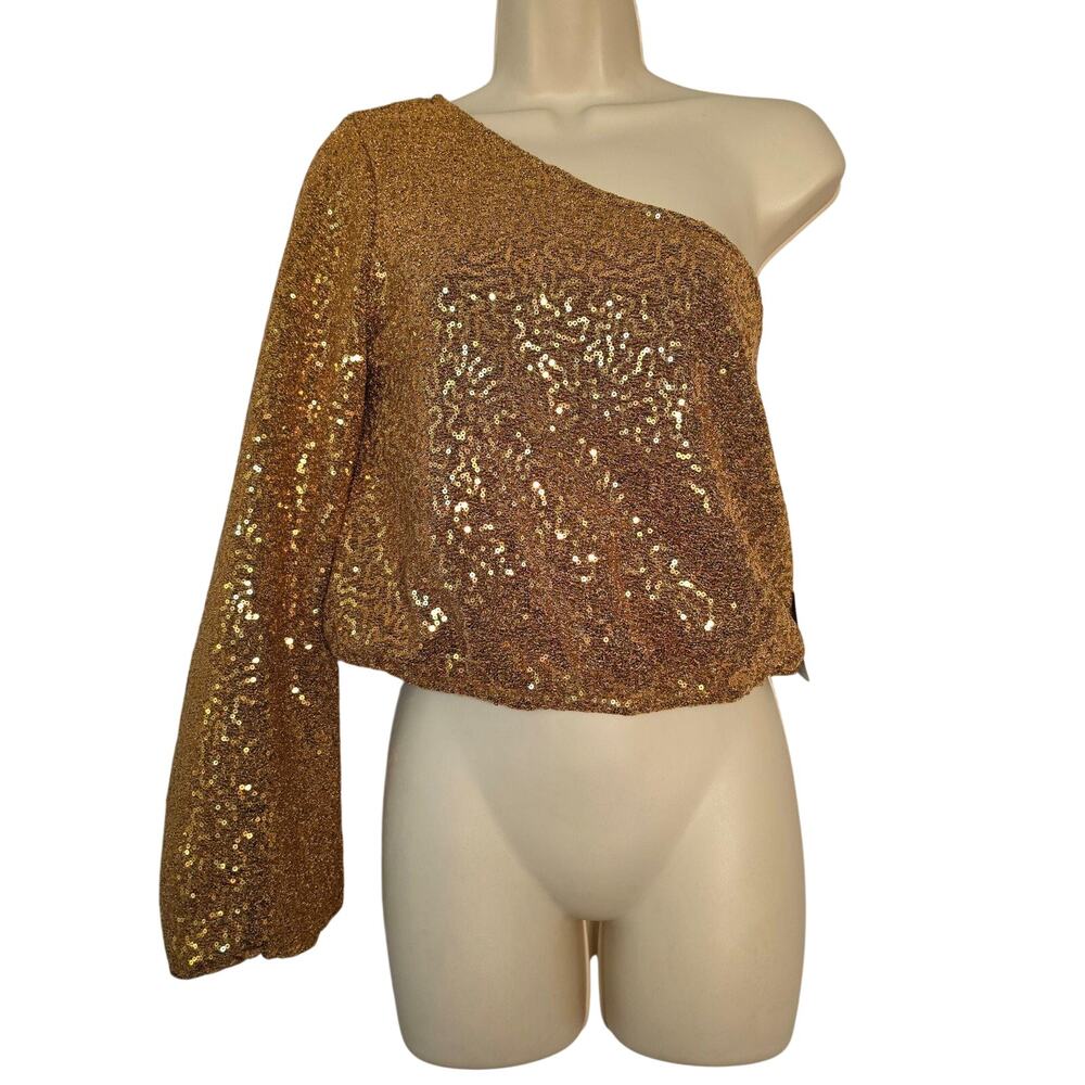 Express Blouse Womens Small Gold Sequin One Shoulder Cropped Top‎ Party Club NEW
